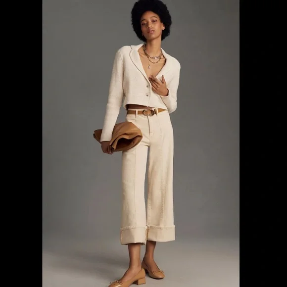 Anthropologie Pilcro Cuffed Crop High-Rise Wide-Leg Jeans Size 33 P Cream - Picture 4 of 15